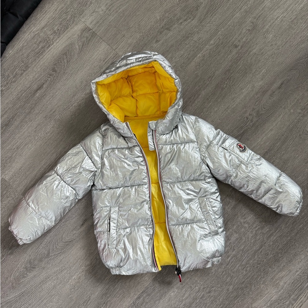 Silver Puffer Jacket with Yellow Lining
